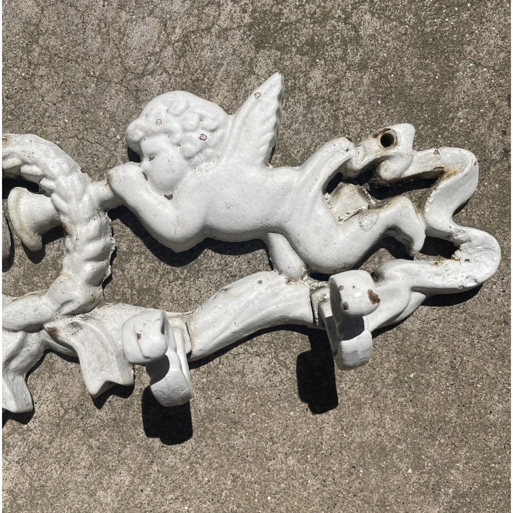 Vintage Ornate Cherub Wall Decoration Painted White Cast Wrought Iron Hook Metal